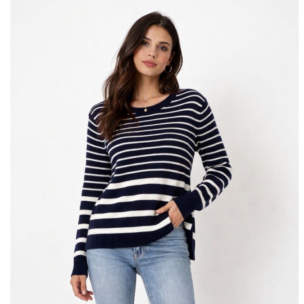 Athleta Kennewick Merino Wool Blend Sweater XXS Blue White Striped Minimalist